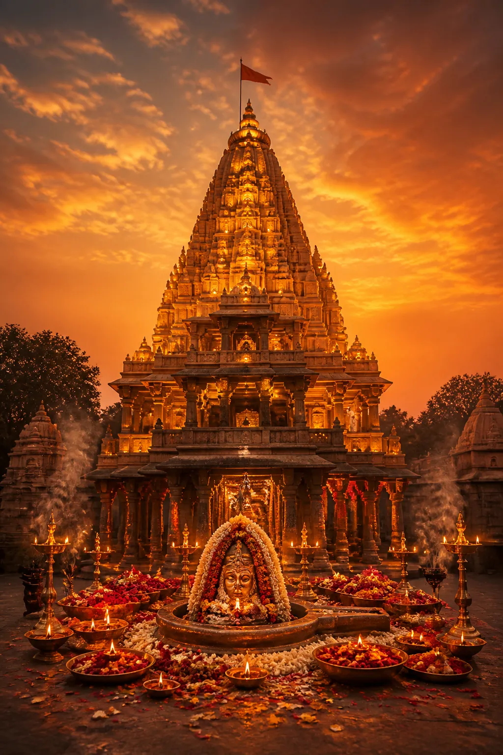 Mahakaleshwar temple at golden dusk with floral offerings