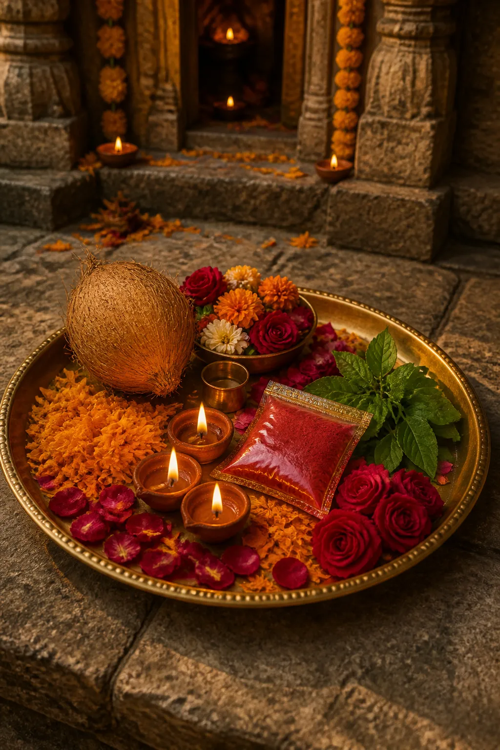 Sacred prasad and puja offerings arranged on a traditional brass thali