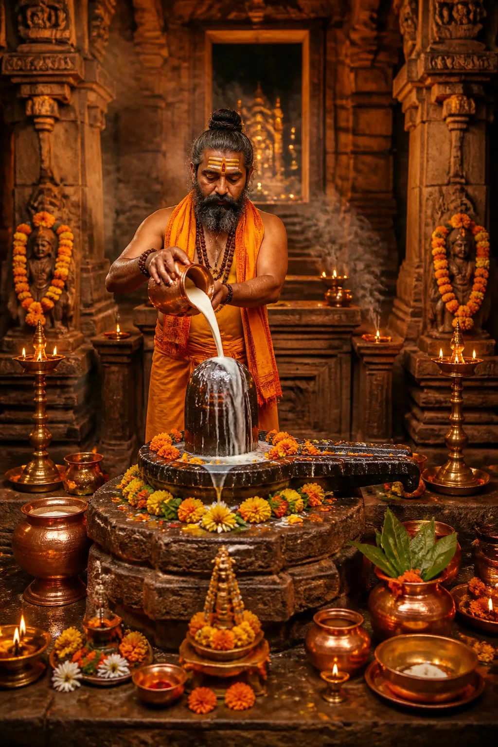 Vedic priest performing Rudrabhishek at an Ujjain temple