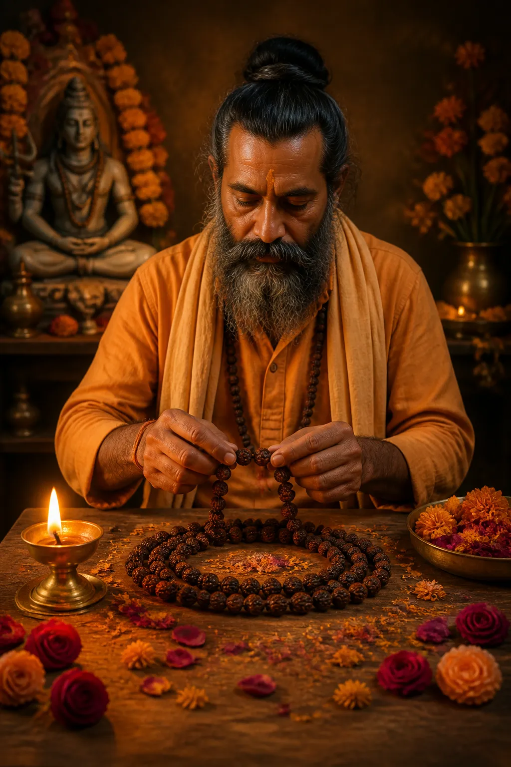 Hands arranging Rudraksh mala beads with marigold petals and a lit diya