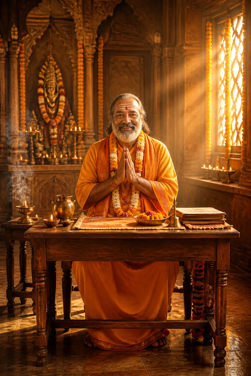 Vedic pandit welcoming devotees in a temple room in Ujjain